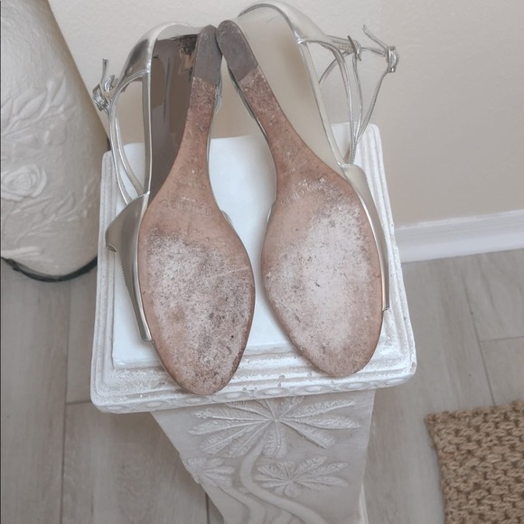 🥳 Reduced! Jimmy Choo INKA Double Buckle Ankle Silver Mirror Demi Wedge Sz 38.5